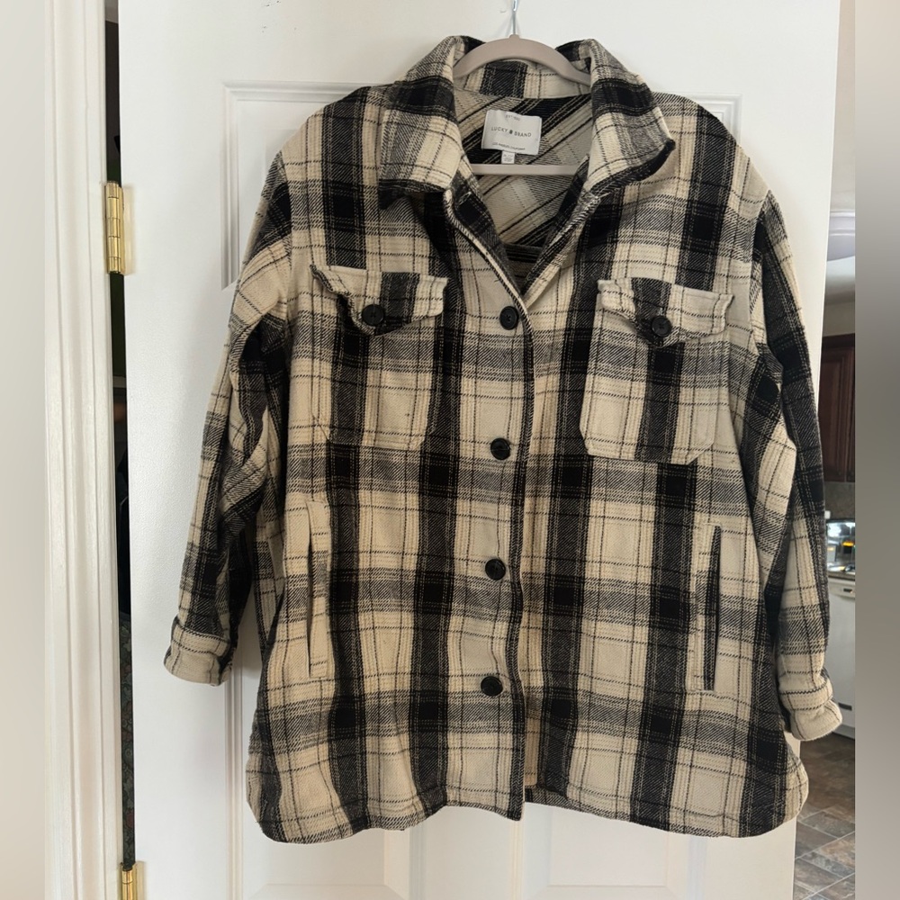Lucky Brand Black and Tan Plaid Oversized Shacket